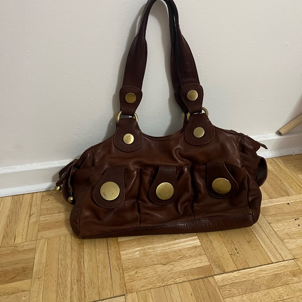 Brown Leather Shoulder Bag with Gold Accents